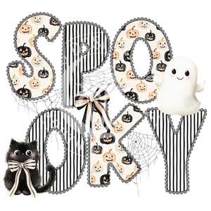 May include: A Halloween-themed graphic with the word "SPOOKY" in various fonts. The letters are decorated with pumpkins, stripes, and lace. A black cat with a bow and a white ghost are also featured.