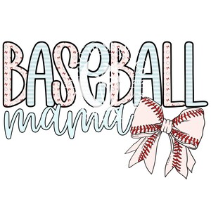 Op de afbeelding: Baseball mama-afbeelding met een blauw-wit gestreept baseballpatroon en een rood-witte baseball-gestikte strik.