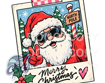 May include: A square photograph print featuring a cartoon Santa Claus wearing sunglasses and making a peace sign. The background shows snowy pine trees and a North Pole sign. The bottom border has the text Merry Christmas and a pink heart.