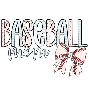 Op de afbeelding: Een blauw en wit gestreept ontwerp met de tekst "baseball mom" en een roze en rode baseball-strik.