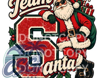 May include: A graphic illustration featuring Santa Claus wearing sunglasses and a red suit, leaning against a large, distressed red letter S. The text Team Santa is displayed in a vintage font. A green sack filled with gifts is on Santa's back.