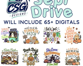 May include: A digital collection titled Sept Drive by CSG Designs featuring 65+ graphic illustrations. Designs include a coffee truck, pumpkins, ghosts, ducks in costumes, a haunted house, and fall-themed text like Pumpkin Patch and Halloween.
