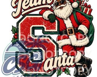 May include: A graphic illustration featuring a Black Santa Claus wearing sunglasses and a red suit with white trim, leaning against a large, distressed red letter S. The text Team Santa is displayed in a vintage font, accompanied by a green gift sack.