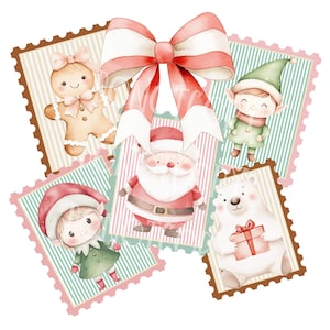 Peut inclure: Illustration à l'aquarelle de personnages de Noël sur des fonds de style timbre-poste. L'image présente le Père Noël, des elfes, un bonhomme en pain d'épices et un ours polaire tenant un cadeau. Un grand nœud rouge et blanc est en haut.