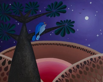 Bluebirds in a Baobab with Moon and Stars