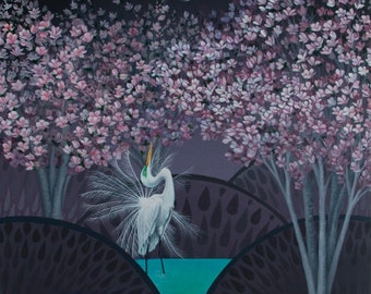 Great Egret Drinking the Moon Under Blossoms