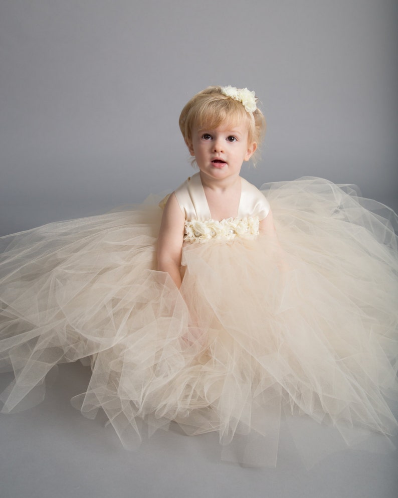 Tulle flower girl dress Pageant dress-Princess dress-Beige flower dress Flower girl dress Champagne Dress Tulle dress-InfantToddler