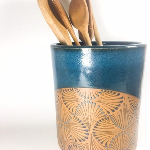 Handmade teal blue kitchen utensil holder crock with geometric tessellation pattern
