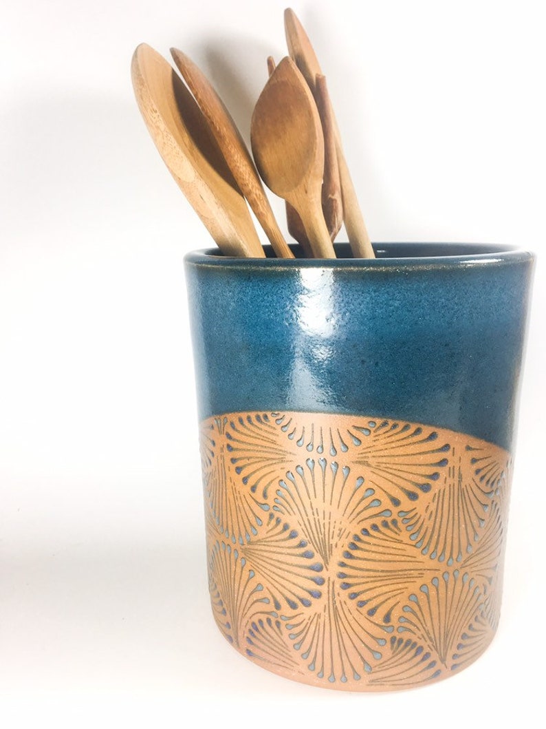 Handmade Teal Blue Kitchen Utensil Holder Crock With Geometric Etsy