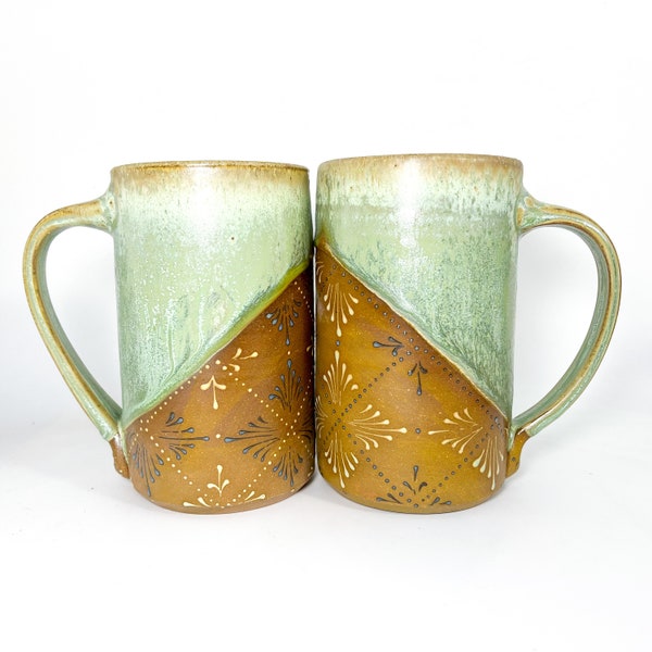 Handmade hannah graeper pottery Clay Ceramic mug in copper green with henna pattern 12 oz capacity