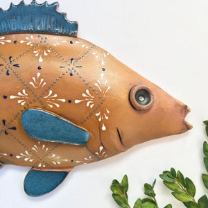 Handmade Hannah graeper Pottery Clay Ceramic Fish wall hanging with teal blue Boho Abstract Geometric Pattern fishermen gift Fishing image 2