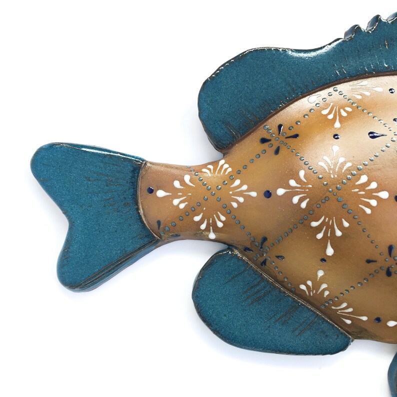 Handmade Hannah graeper Pottery Clay Ceramic Fish wall hanging with teal blue Boho Abstract Geometric Pattern fishermen gift Fishing image 3