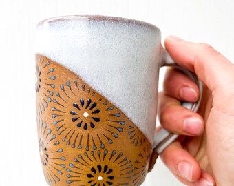 Handmade Hannah Graeper Pottery Clay Ceramic Coffee or Tea Mug, Boho Floral daisy pattern in Opal White 8 oz capacity