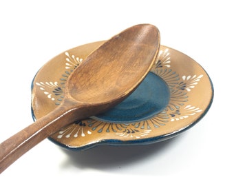 Handmade Round Hannah Graeper Pottery Clay Ceramic Spoon Rest in Teal Blue with Floral Henna Pattern
