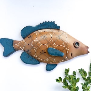 Handmade Hannah graeper Pottery Clay Ceramic Fish wall hanging with teal blue Boho Abstract Geometric Pattern fishermen gift Fishing image 1