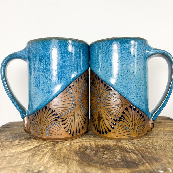 Handmade Hannah Graeper Pottery Clay Ceramic Coffee or Tea Mug, Coffee Cup, Morning Joe, Tessellation pattern in teal Blue