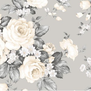 Romantic Victorian Rose Floral Toile Wallpaper – Cream Beige White Flower, Charcoal Gray Leaves, Modern Farmhouse - 12"x9" Sample MH36505so