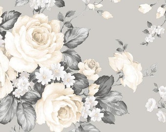 Romantic Victorian Rose Floral Toile Wallpaper – Cream Beige White Flower, Charcoal Gray Leaves, Modern Farmhouse - 12"x9" Sample MH36505so