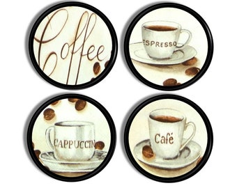 Coffee Lover Kitchen Cabinet Knob Set, Bistro Cup Station, Café Espresso Bar, Cappuccino Typography Word, Cupboard Drawer Pull Handle 215B26