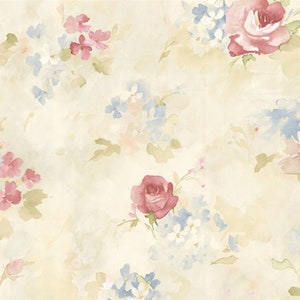 Shabby Cottage Watercolor Floral Wallpaper, Country Chic Rose Garden Bathroom, Pastel Flower on Cream Baby Nursery - By The Yard AB42418so