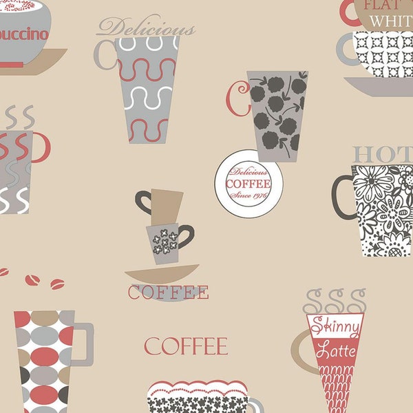 Contemporary Cups Kitchen Wallpaper, Red Gray Café Backsplash, Retro Coffee Bar Nook, Beverage Mug Cabinet Upcycle - 12"x9" Sample FK34428so