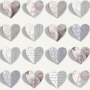 Whimsical Handwritten Letter Hearts Wallpaper, Soft Muted Romantic Shabby Chic Florals, Rustic Ephemera Cutout Look - 12x9" Sample 669701