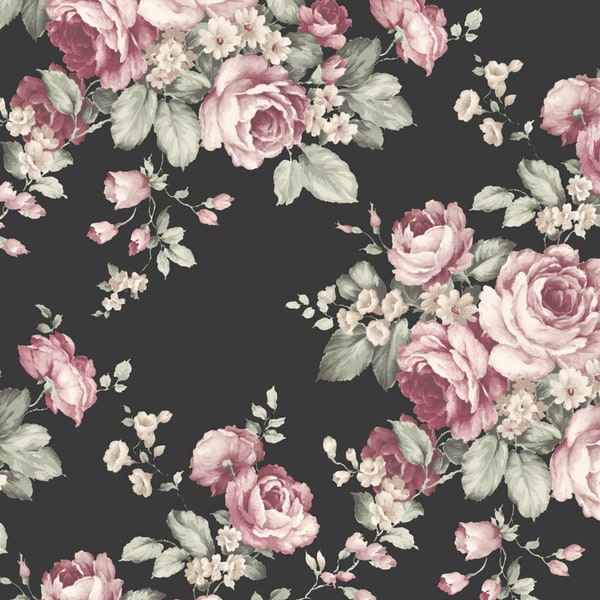 Elegant Pink Plum Floral Black Wallpaper, Shabby Romantic Handpainted Rose Botanic, Dramatic Victorian Cottage Chic - By The Yard AF37700so