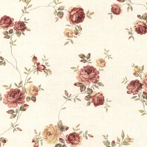 Rust Red Victorian Rose Floral Wallpaper – Vintage Gold Yellow, Shabby Country Garden, Rustic Cottage Botanical - 12"x9" Sample CN26564so