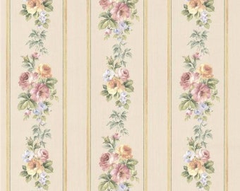 Handpainted Floral Stripe Wallpaper, Vintage Country Cottage