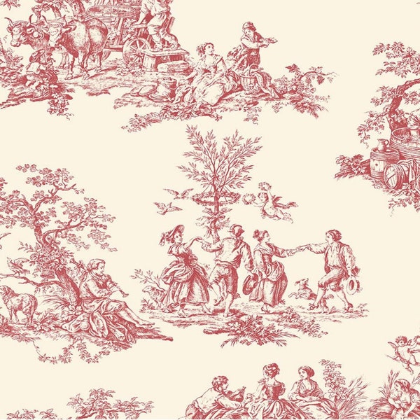 Country French Toile Wallpaper - Vintage Victorian Cottage, Antique Red Colonial, Old Fashioned Countryside Scene - 12"x9" Sample GC29851so