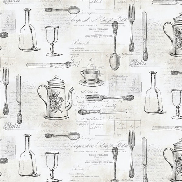 Vintage French Café Wallpaper, Distressed Paris Menu Script, Antique Silverware Utensil, Bistro Restaurant Feature - By The Yard KE29939so