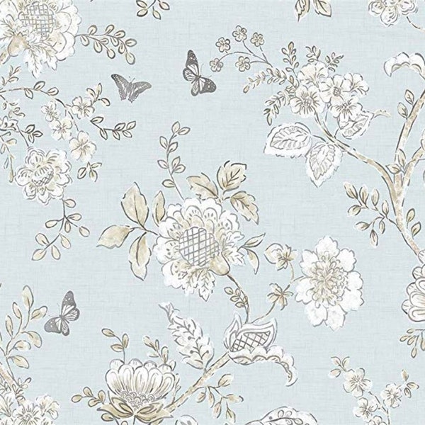 Light Blue Cottage Toile Wallpaper - Etched Country Floral, Cuisine de ferme, Jardin de papillons enchanté Botanique - 12x9 « Échantillon FH37537so