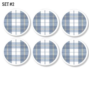 Pastel Blue White Dresser Knobs, Soft Cozy Tartan Plaid Stripe, Decorative Drawer Pull, Shabby Cottage Furniture Door Handle 115E28 R2