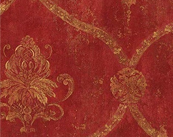 Vintage Red Gold Trellis Damask Wallpaper - Distressed Texture, Weathered Wall Decor, Antique Handpainted Victorian -12"x9" Sample CH22565so