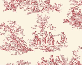 Country Français Toile Wallpaper - vintage Victorian Cottage, Antique Red Colonial, Old Fashioned Countryside Scene - 12"x9" Sample GC29851so