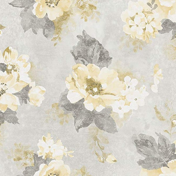 Large Soft Yellow Floral Gray Wallpaper - Shabby Vintage Farmhouse, Faux Painted Canvas, Antique Victorian Cottage - By The Yard G34104