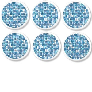 Blue Mosaic Tile Print Knobs, Square Geometric Bathroom Cabinet Handle, Unique Decorative Hardware, Abstract Coastal Drawer Pull 815F29 R2