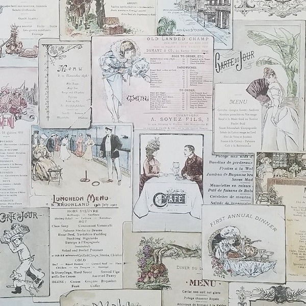 Antique French Restaurant Menu Wallpaper, Parisian Bistro Café Kitchen Art, Vintage Parisienne Brasserie Illustration –By The Yard FK26955s