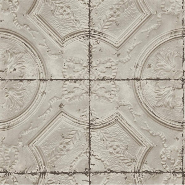 Rustic Tin Tile Wallpaper - Old Antique Ceiling, Salvaged Chippy Paint Look, Shabby Primitive Farmhouse Kitchen - 12"x9" Sample 3115-12433so