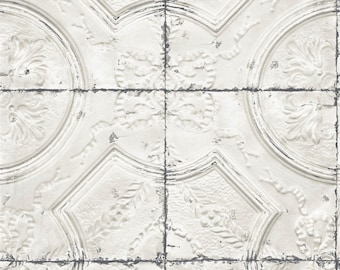 Antique Pressed Tin Tile Wallpaper - Chippy White Painted Metal Look, Rustic Farmhouse, Shabby Vintage Victorian - By The Yard 3115-12431so