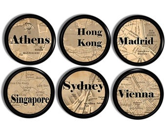 Vintage City Map Cabinet Knobs • Antique Street Map Drawer Pulls • World Traveler Furniture Hardware • Favorite Destinations • 815Y37 #3 Q