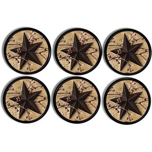 May include: A set of six circular coasters, each featuring a black five-pointed star centered over a tan background with a printed pattern of brown twigs and small berries. Each coaster is framed by a solid black circular border.