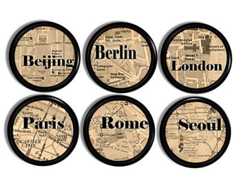 World Capitals Cabinet Knobs • Vintage Street Map Drawer Pulls • International Cities Hardware • Cultural Wanderlust Decor • 815Y37 #2 Q.