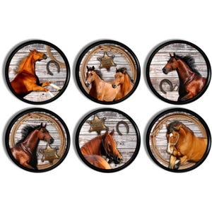 May include: A set of six circular wall plaques featuring various brown horses against a weathered wood background. Each plaque includes imagery of a lasso, a horseshoe, and a gold-colored sheriff star badge, all framed within a thin black border.