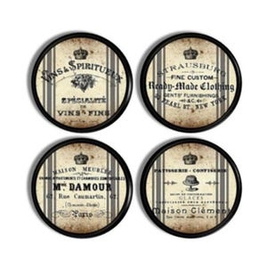French Mercantile Label Cabinet Knobs • Vintage Advertising Drawer Pulls • Timeworn Antique Hardware • Brocante French Country • 317i25 #3 .