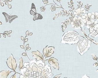Pale Blue Butterfly Floral Toile Wallpaper – Modern Farmhouse Cottage, Rustic Gray Country Wall, Girl Garden Nursery - By The Yard FH37537so