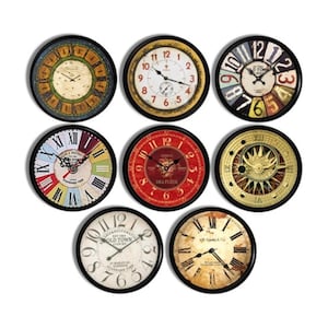 May include: A collection of eight round wall clocks with black frames, featuring diverse designs including Roman and Arabic numerals, vintage-style typography, weathered textures, and varied color palettes like red, gold, and muted earth tones.