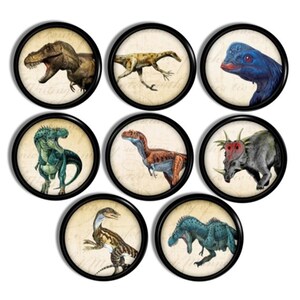 May include: A set of eight circular decorative buttons, each featuring a distinct dinosaur illustration set against a cream-coloured background with faint cursive script. Each button is encased in a smooth, solid black circular frame.