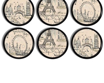 Vintage Paris & London Cabinet Knobs • European Travel Landmark Sketch Drawer Pulls • Neutral French Country Hardware • 4 or 6pc • 317E30 .