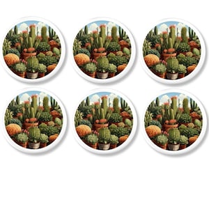 May include: Six white, round coasters featuring a detailed illustration of a variety of cacti and succulents in terracotta pots. The design includes green, orange, and brown plants under a blue sky with clouds. The coasters are ideal for protecting surfaces.